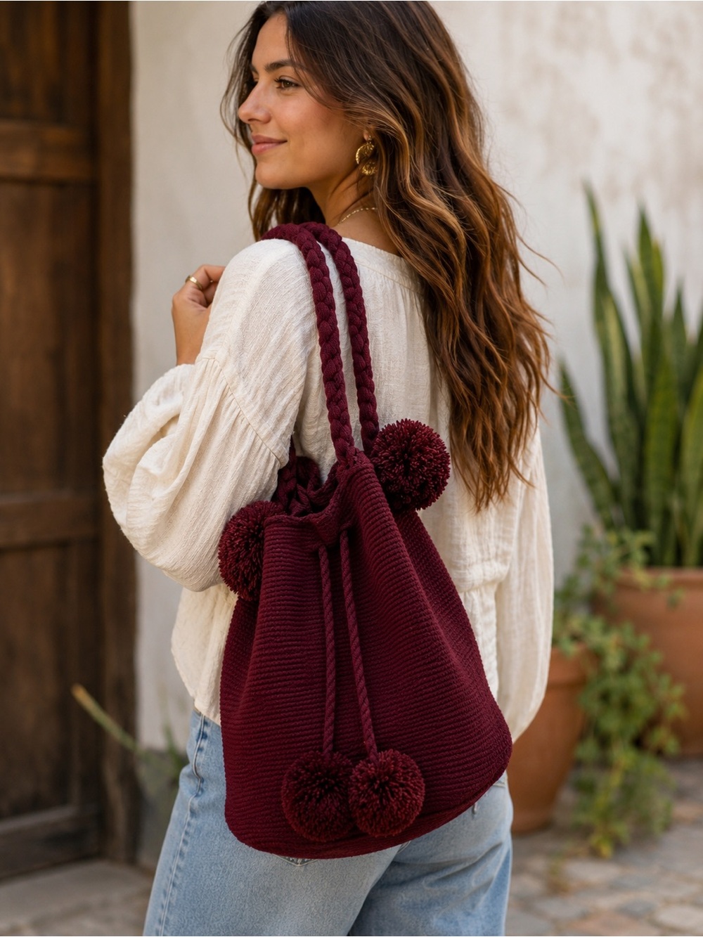 La Calenita Wayuu Mochila Bag Burgundy Handmade Colombian Pom Pom Tote Boho
